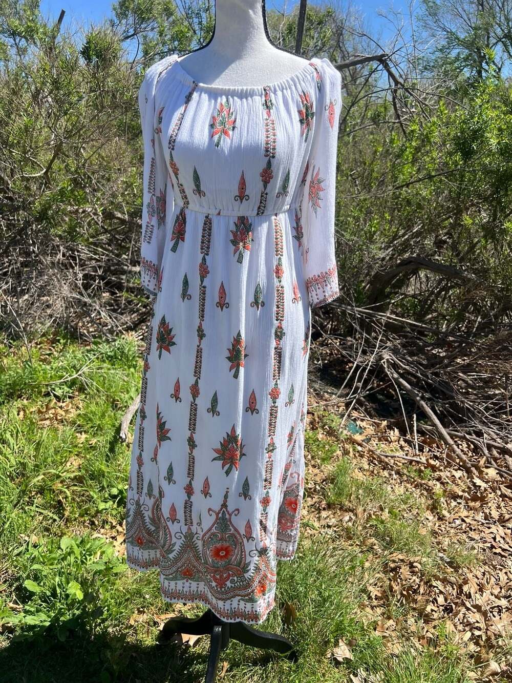 Lapogee Boho Off-The-Shoulder Floral Border Print Maxi Dress
